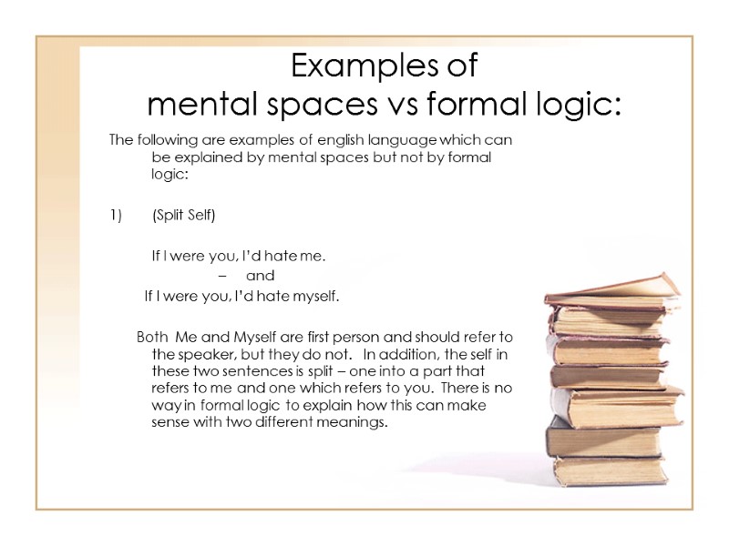 Examples of  mental spaces vs formal logic: The following are examples of english